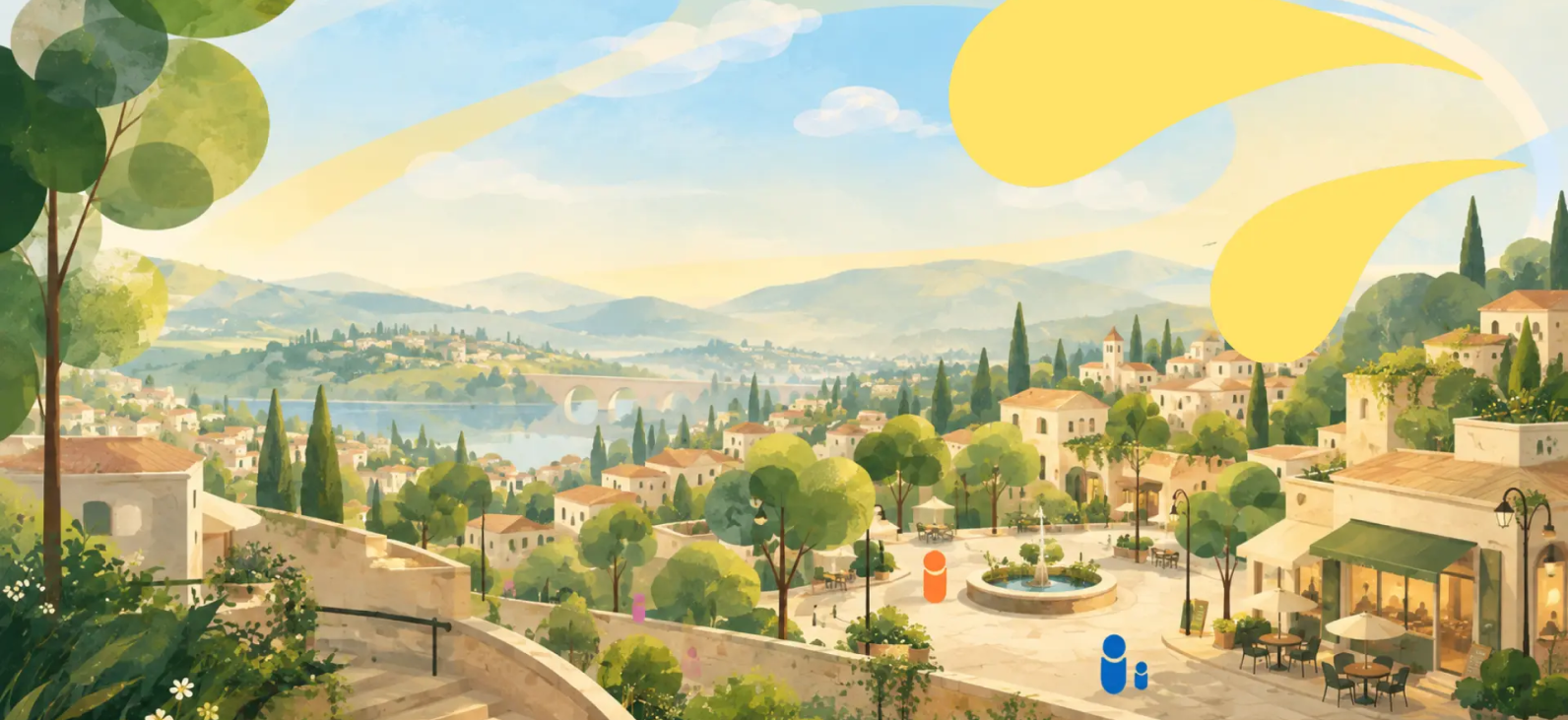 Illustrated hillside town in warm afternoon light