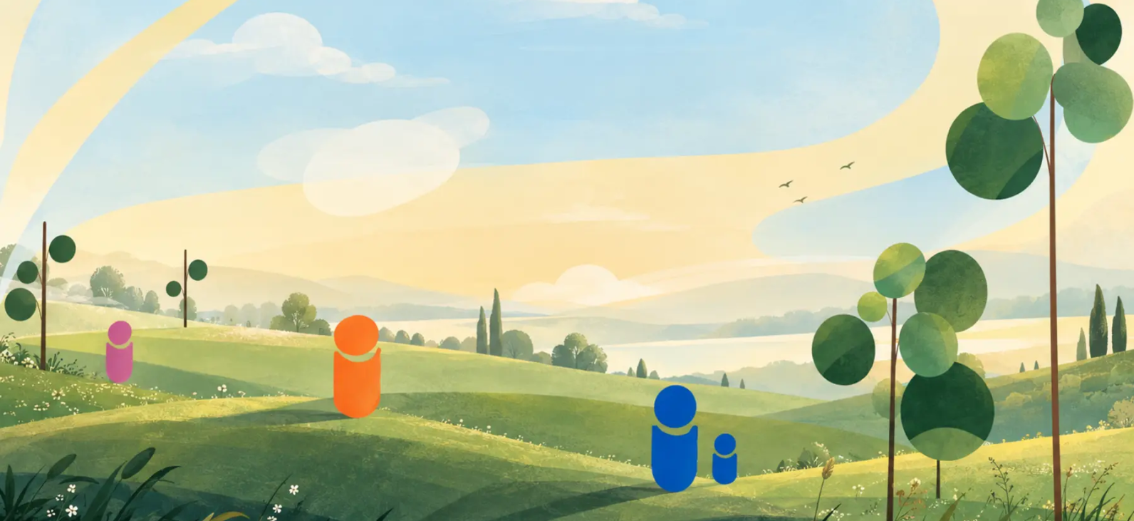 Illustrated hills under a wide sky with three little folks in the meadow